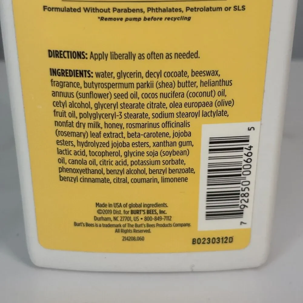 Burt's Bees Body Lotion Pump Bottle Milk & Honey Normal to Dry Skin 12oz NEW